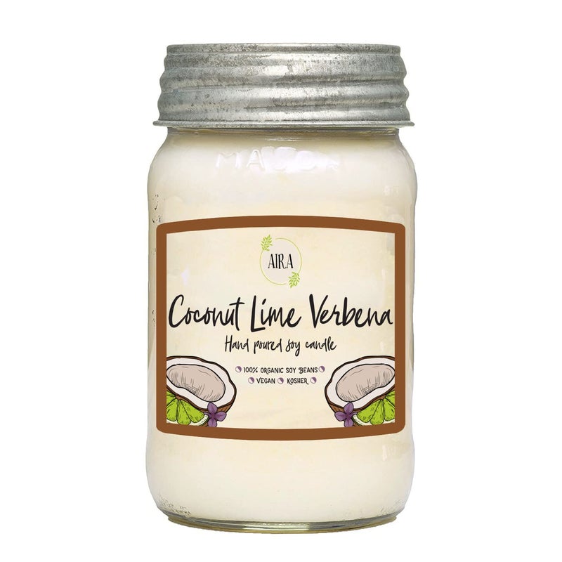 Aira Soy Candles - Organic, Kosher, Vegan, in Mason Jar w/Therapeutic Grade Essential Oil Blends - Hand-Poured 100% Soy Candle Wax - Paraffin Free, Burns 110+ Hours - Coconut Lime Verbena - 16 Ounces - Image 2